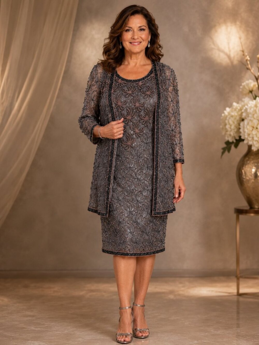 Scala Gray Pink Beaded Dress Jacket Set L Mother of Bride Formal